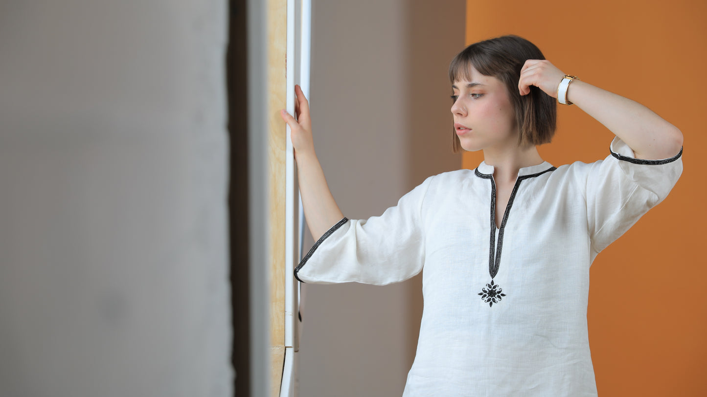 Abby Band Neck Linen Dress