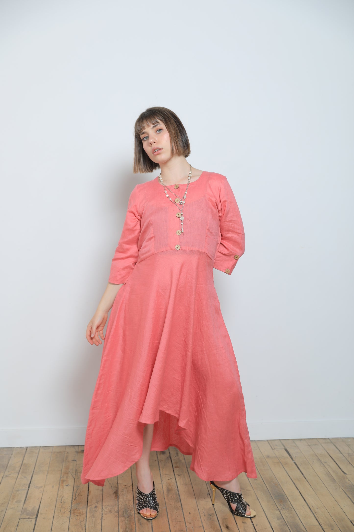 Gloria Linen Dress - Coral Pink