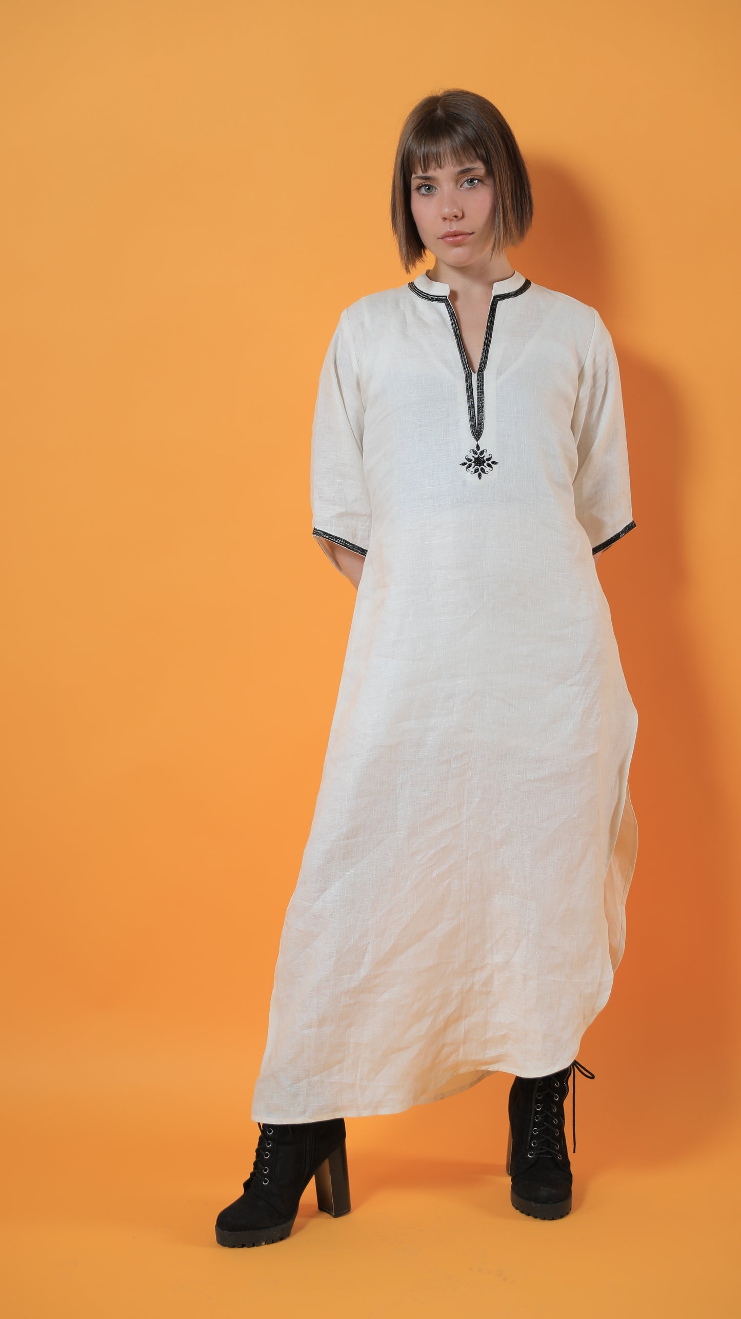 Abby Band Neck Linen Dress