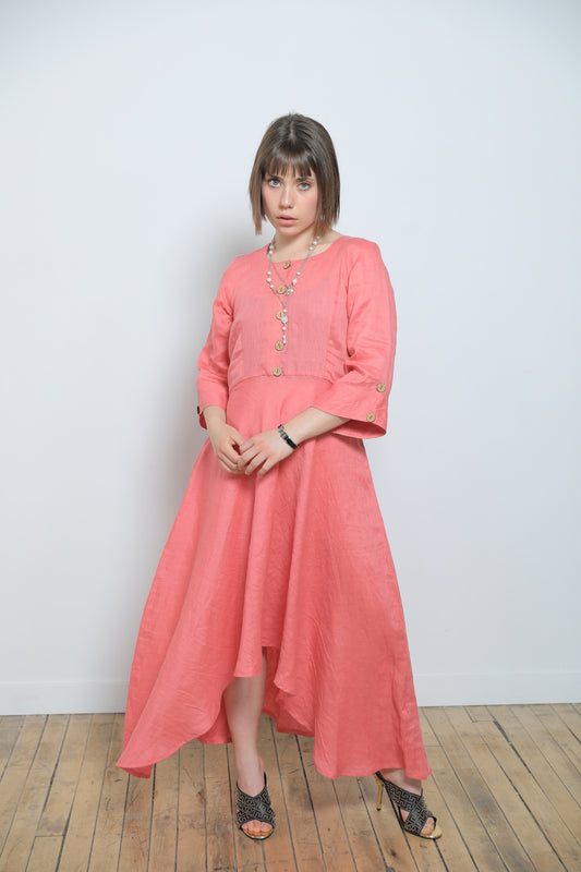 Gloria Linen Dress - Coral Pink